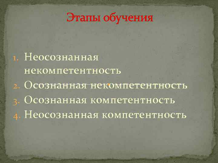 Этапы обучения 1. Неосознанная некомпетентность 2. Осознанная некомпетентность 3. Осознанная компетентность 4. Неосознанная компетентность