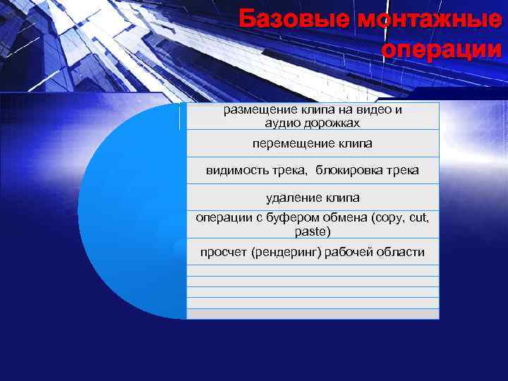 Базовые монтажные операции размещение клипа на видео и аудио дорожках перемещение клипа видимость трека,