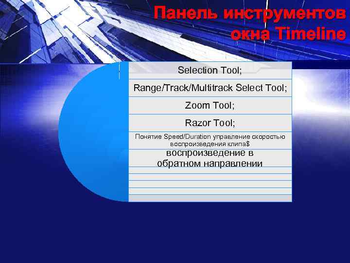Панель инструментов окна Timeline Selection Tool; Range/Track/Multitrack Select Tool; Zoom Tool; Razor Tool; Понятие