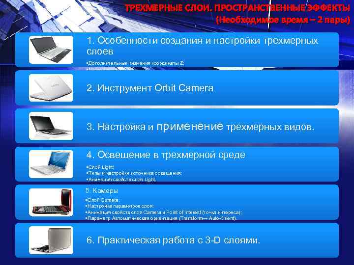 ТРЕХМЕРНЫЕ СЛОИ. ПРОСТРАНСТВЕННЫЕ ЭФФЕКТЫ (Необходимое время – 2 пары) 1. Особенности создания и настройки