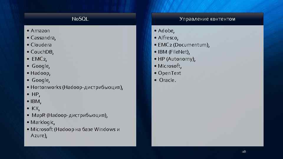 No. SQL • Amazon • Cassandra, • Cloudera • Couch. DB, • EMC 2,
