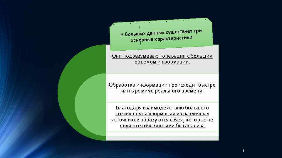 ествует три У больших данных сущ ики основные характерист Они подразумевают операции с большим