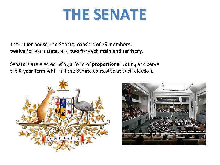 THE SENATE The upper house, the Senate, consists of 76 members: twelve for each