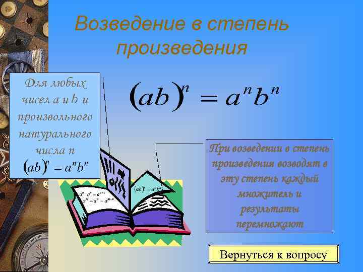 Возведение в степень произведения Для любых чисел a и b и произвольного натурального числа