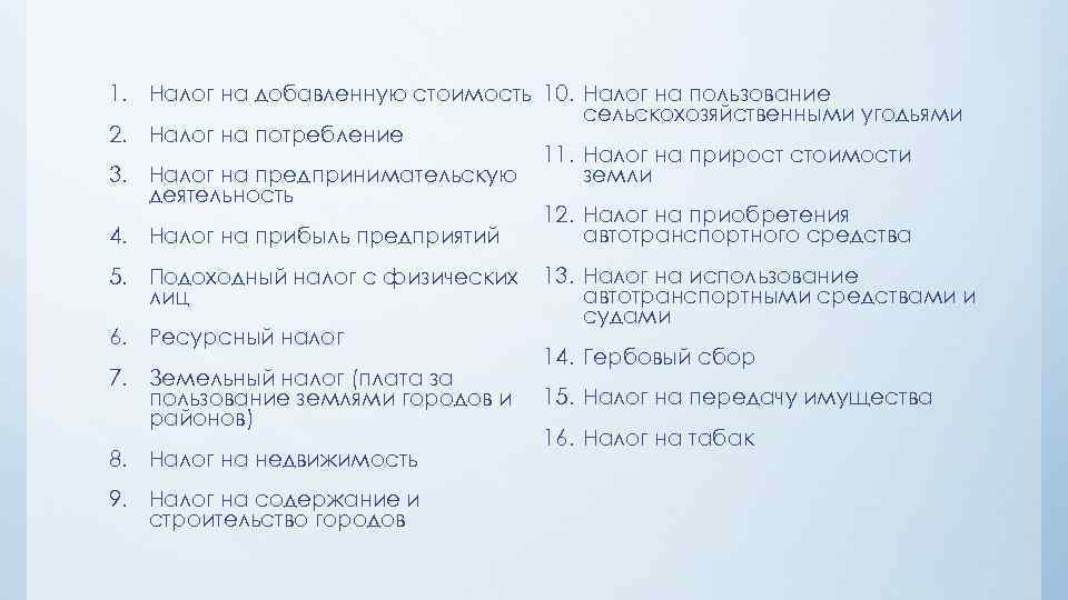 1. Налог на добавленную стоимость 10. Налог на пользование сельскохозяйственными угодьями 2. Налог на