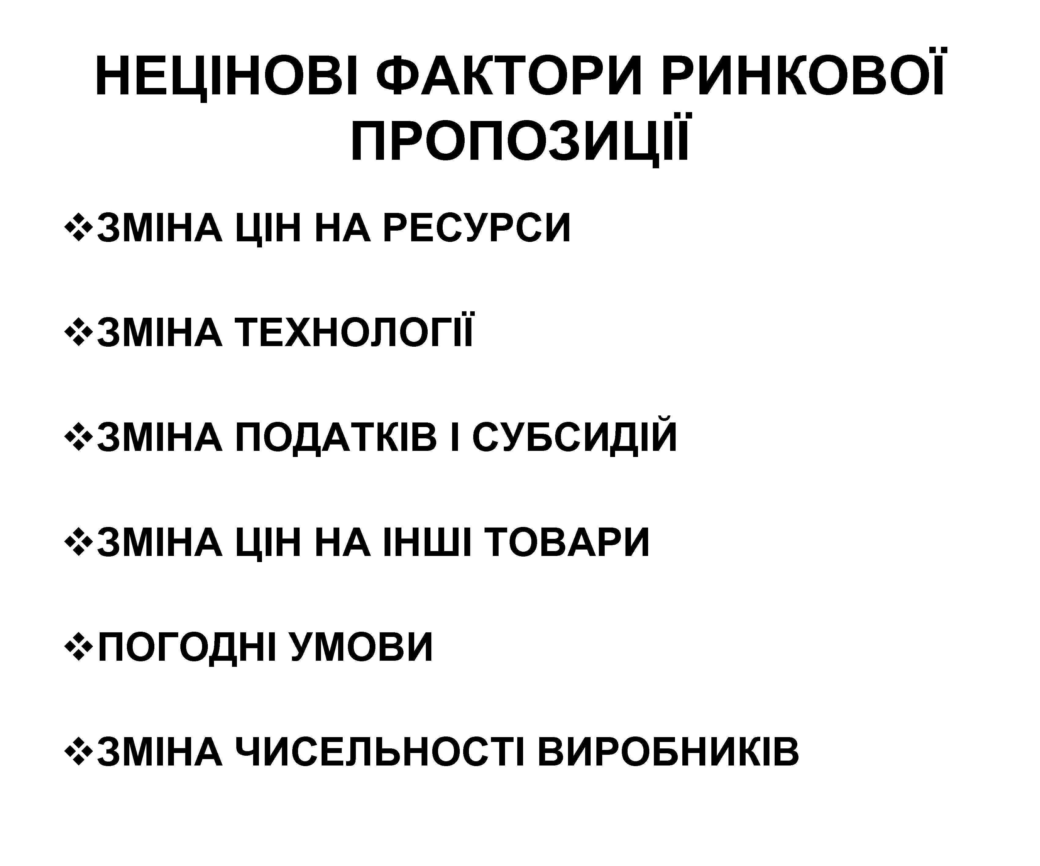 НЕЦІНОВІ ФАКТОРИ РИНКОВОЇ ПРОПОЗИЦІЇ v. ЗМІНА ЦІН НА РЕСУРСИ v. ЗМІНА ТЕХНОЛОГІЇ v. ЗМІНА