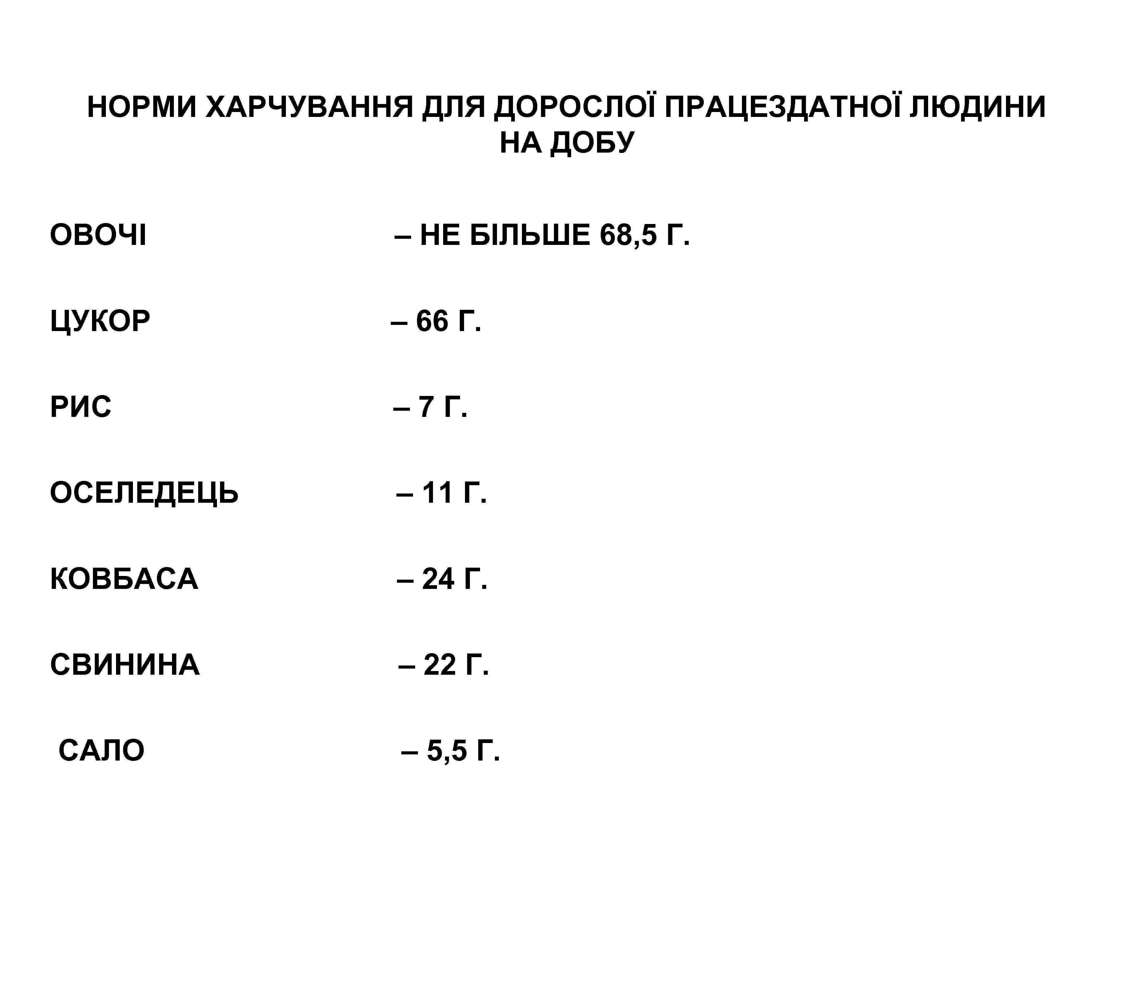 НОРМИ ХАРЧУВАННЯ ДЛЯ ДОРОСЛОЇ ПРАЦЕЗДАТНОЇ ЛЮДИНИ НА ДОБУ ОВОЧІ – НЕ БІЛЬШЕ 68, 5