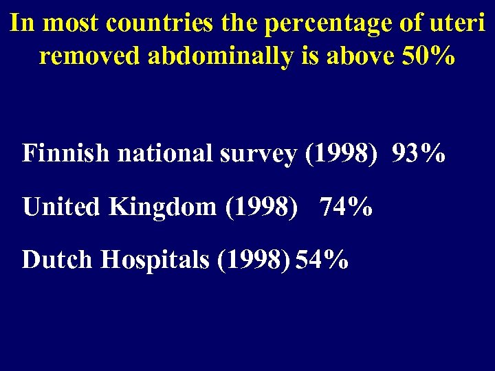 In most countries the percentage of uteri removed abdominally is above 50% Finnish national