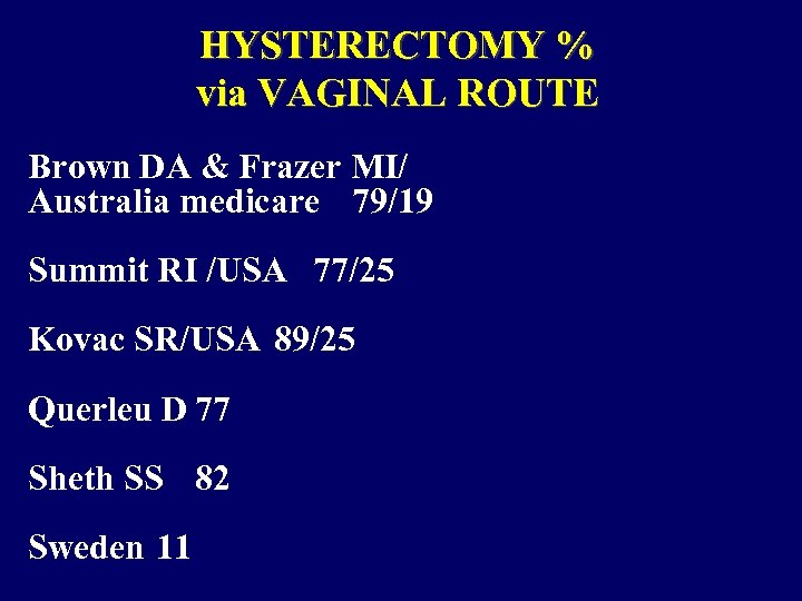 HYSTERECTOMY % via VAGINAL ROUTE Brown DA & Frazer MI/ Australia medicare 79/19 Summit