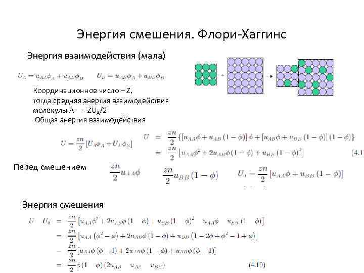 Энергия смешения. Флори-Хаггинс Энергия взаимодействия (мала) Координационное число – Z, тогда средняя энергия взаимодействия