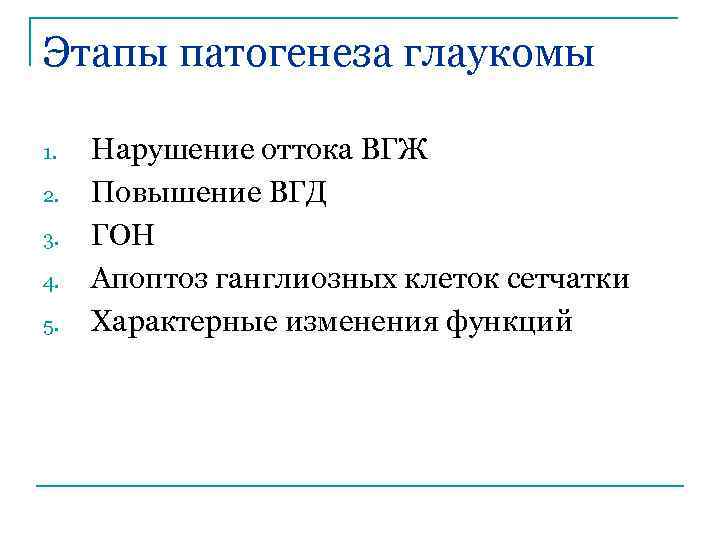 Этапы патогенеза глаукомы 1. 2. 3. 4. 5. Нарушение оттока ВГЖ Повышение ВГД ГОН