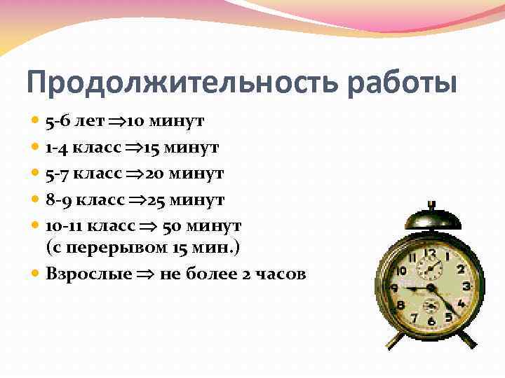 Продолжительность работы 5 -6 лет 10 минут 1 -4 класс 15 минут 5 -7