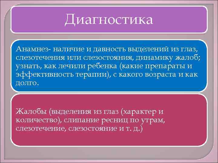 Диагностика Анамнез- наличие и давность выделений из глаз, слезотечения или слезостояния, динамику жалоб; узнать,