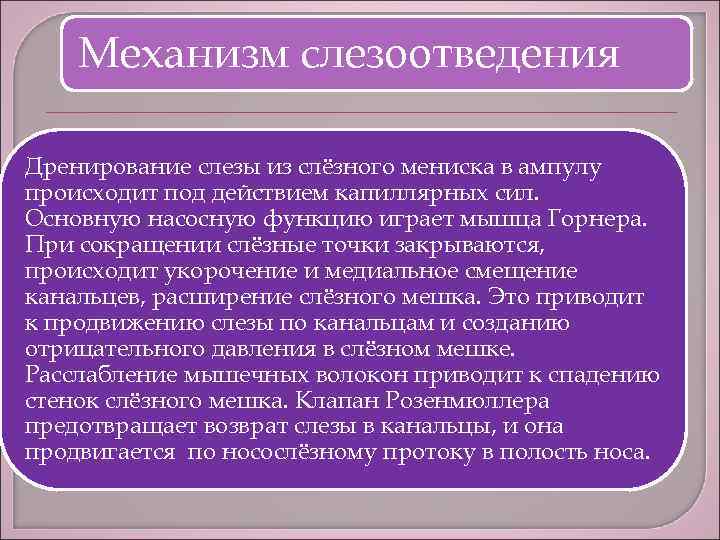 Механизм слезоотведения Дренирование слезы из слёзного мениска в ампулу происходит под действием капиллярных сил.