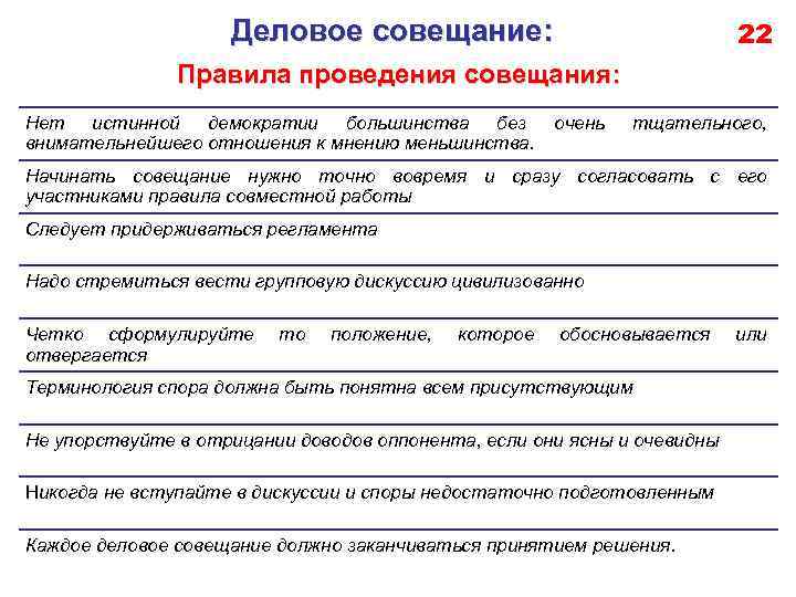 Деловое совещание: 22 Правила проведения совещания: Нет истинной демократии большинства без внимательнейшего отношения к