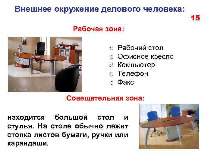 Внешнее окружение делового человека: Рабочая зона: o o o Рабочий стол Офисное кресло Компьютер