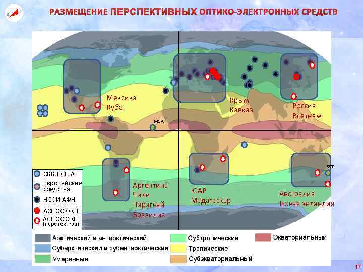 РАЗМЕЩЕНИЕ ПЕРСПЕКТИВНЫХ ОПТИКО-ЭЛЕКТРОННЫХ СРЕДСТВ Мексика Куба Крым Кавказ MCAT Россия Вьетнам SST СККП США