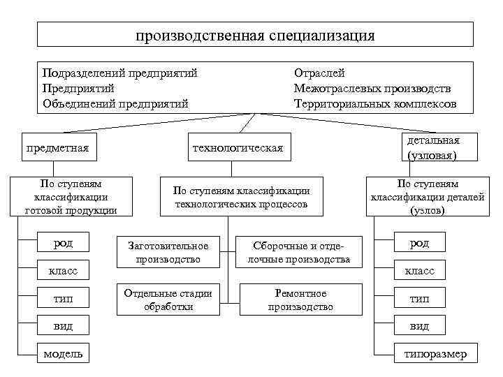 производственная специализация Подразделений предприятий Предприятий Объединений предприятий предметная По ступеням классификации готовой продукции род