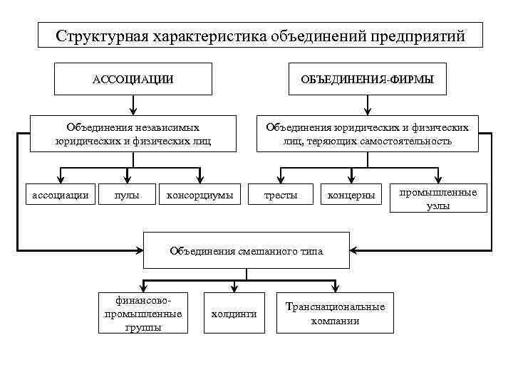 Структурная характеристика объединений предприятий АССОЦИАЦИИ ОБЪЕДИНЕНИЯ-ФИРМЫ Объединения независимых юридических и физических лиц Объединения юридических