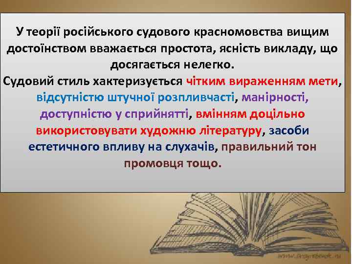 У теорії російського судового красномовства вищим достоїнством вважається простота, ясність викладу, що досягається нелегко.