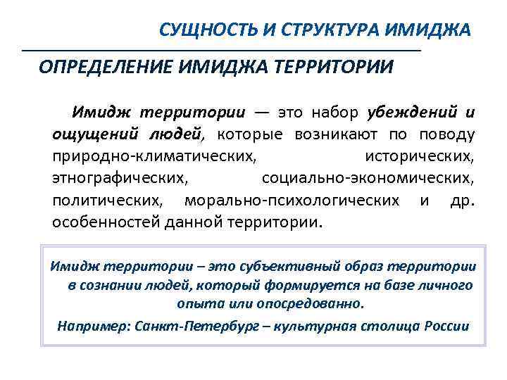 СУЩНОСТЬ И СТРУКТУРА ИМИДЖА ОПРЕДЕЛЕНИЕ ИМИДЖА ТЕРРИТОРИИ Имидж территории — это набор убеждений и