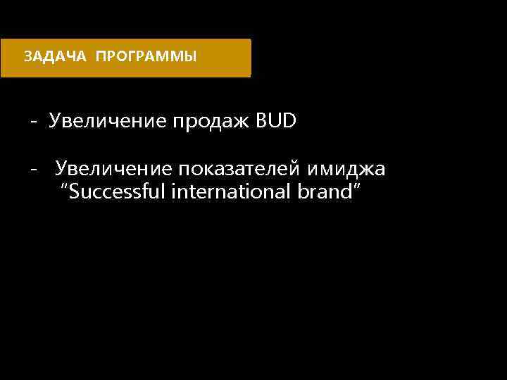 ЗАДАЧА ПРОГРАММЫ - Увеличение продаж BUD - Увеличение показателей имиджа “Successful international brand” 