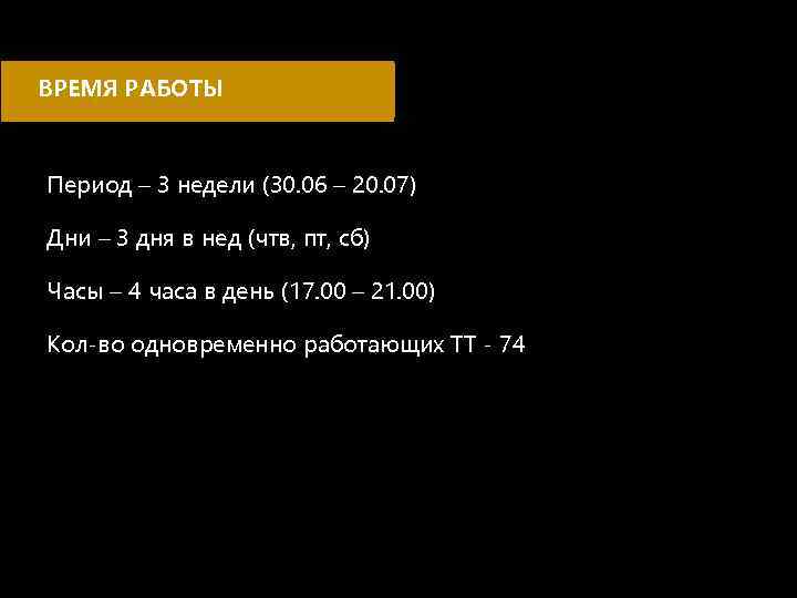 ВРЕМЯ РАБОТЫ Период – 3 недели (30. 06 – 20. 07) Дни – 3