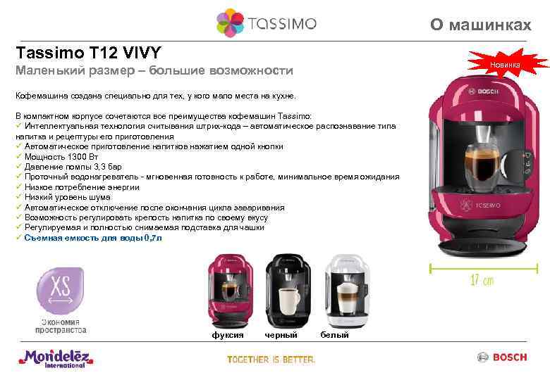 О машинках Tassimo Т 12 VIVY Новинка Маленький размер – большие возможности Кофемашина создана