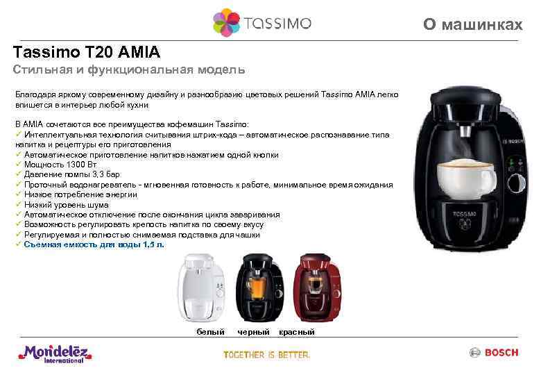 О машинках Tassimo T 20 AMIA Стильная и функциональная модель Благодаря яркому современному дизайну