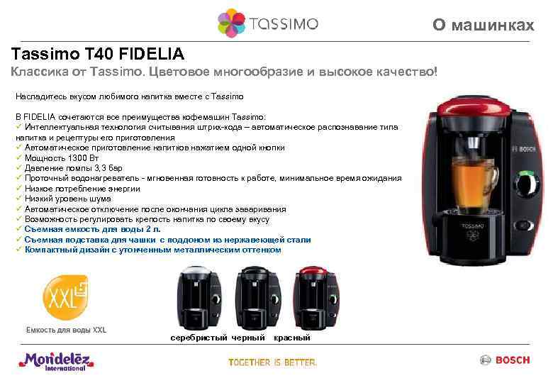 О машинках Tassimo T 40 FIDELIA Классика от Tassimo. Цветовое многообразие и высокое качество!