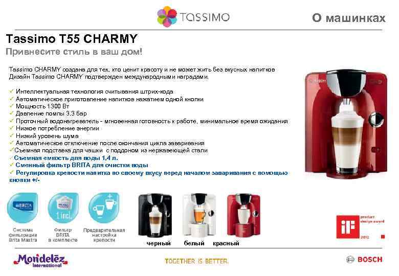 О машинках Tassimo T 55 CHARMY Привнесите стиль в ваш дом! Tassimo CHARMY создана