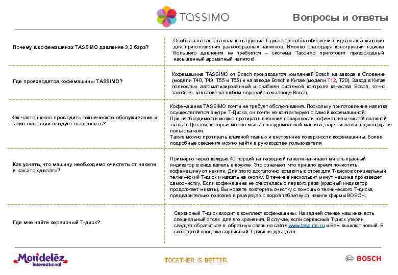 Вопросы и ответы Почему в кофемашинах ТASSIMO давление 3, 3 бара? Где производятся кофемашины