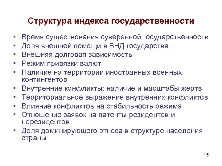 Структура индекса государственности • • • Время существования суверенной государственности Доля внешней помощи в