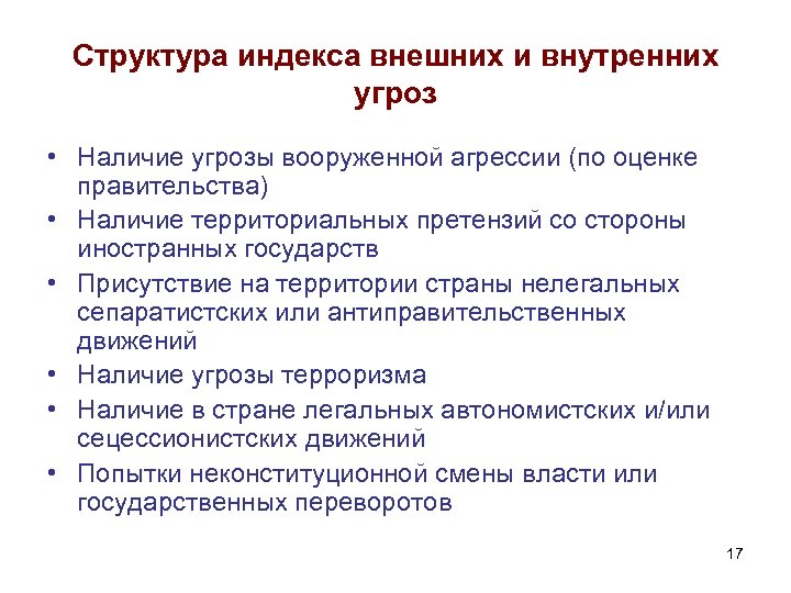 Структура индекса внешних и внутренних угроз • Наличие угрозы вооруженной агрессии (по оценке правительства)