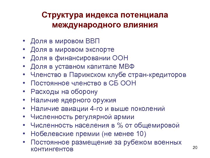 Структура индекса потенциала международного влияния • • • • Доля в мировом ВВП Доля