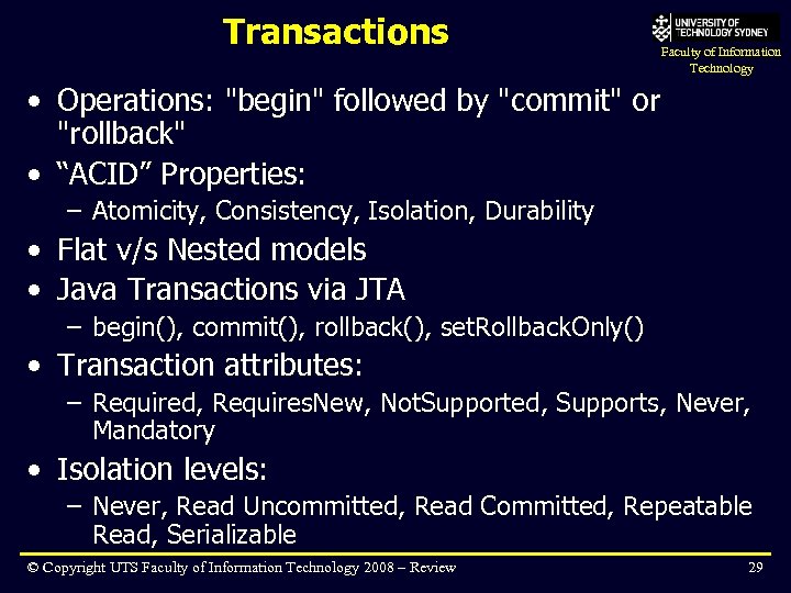 Transactions Faculty of Information Technology • Operations: 