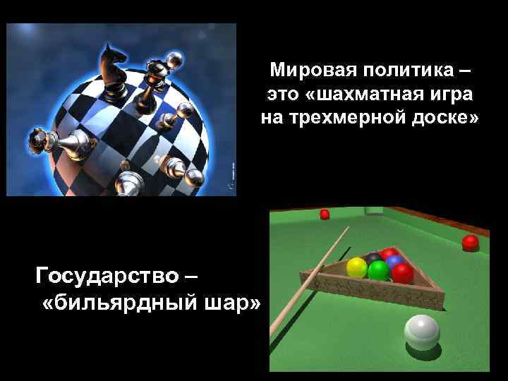 Мировая политика – это «шахматная игра на трехмерной доске» Государство – «бильярдный шар» 