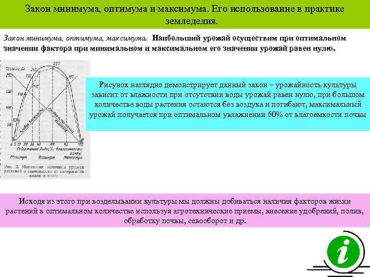 Закон минимума, оптимума и максимума. Его использование в практике земледелия. Закон минимума, оптимума, максимума.