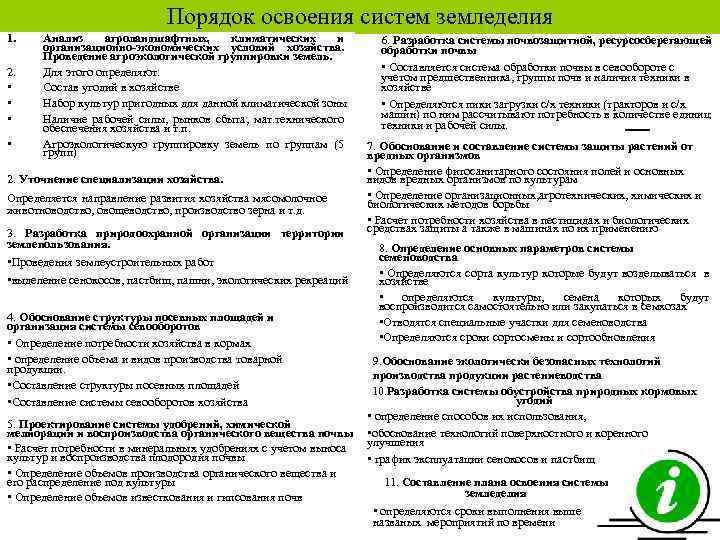 Порядок освоения систем земледелия 1. 2. • • Анализ агроландшафтных, климатических и организационно-экономических условий