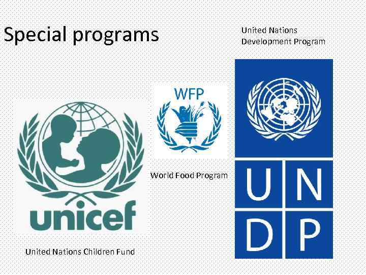 Special programs World Food Program United Nations Children Fund United Nations Development Program 