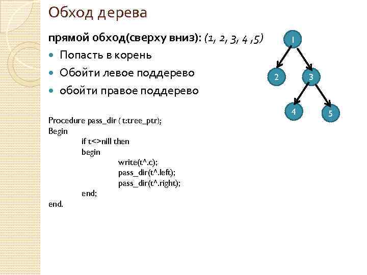 Обход дерева прямой обход(сверху вниз): (1, 2, 3, 4 , 5) Попасть в корень