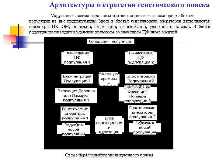 Архитектуры и стратегии генетического поиска Укрупненная схема параллельного эволюционного поиска при разбиении популяции на