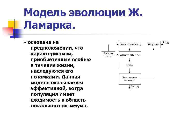 Модель эволюции Ж. Ламарка. - основана на предположении, что характеристики, приобретенные особью в течение