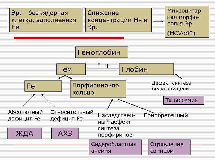 Эр. - безъядерная клетка, заполненная Нв Снижение концентрации Нв в Эр. Микроцитар ная морфология