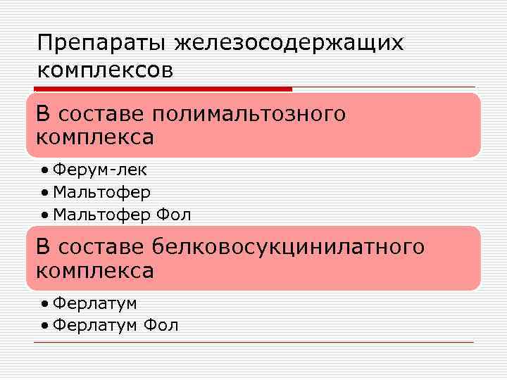 Препараты железосодержащих комплексов В составе полимальтозного комплекса • Ферум-лек • Мальтофер Фол В составе