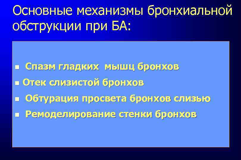 Основные механизмы бронхиальной обструкции при БА: Спазм гладких мышц бронхов Отек слизистой бронхов Обтурация