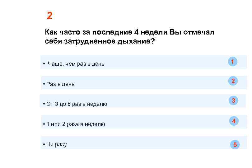 2 Как часто за последние 4 недели Вы отмечали у себя затрудненное дыхание? •