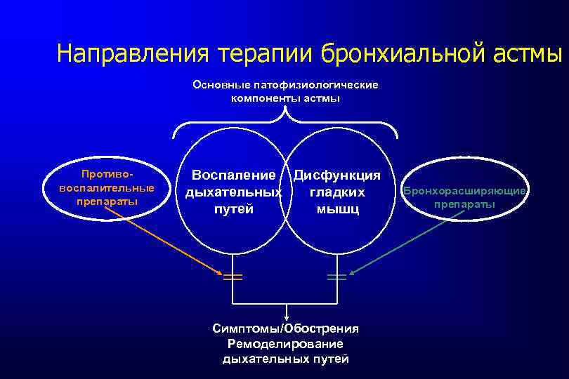 Направления терапии бронхиальной астмы Основные патофизиологические компоненты астмы Противовоспалительные препараты Воспаление Дисфункция дыхательных гладких