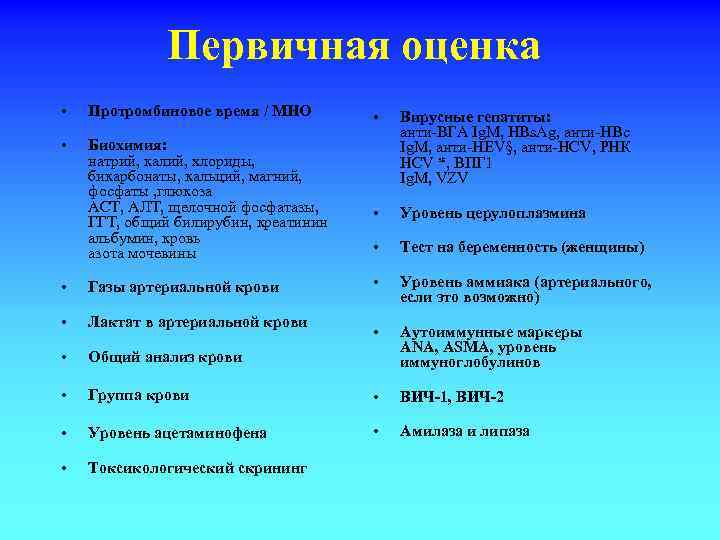 Первичная оценка • Протромбиновое время / МНО • Биохимия: натрий, калий, хлориды, бикарбонаты, кальций,