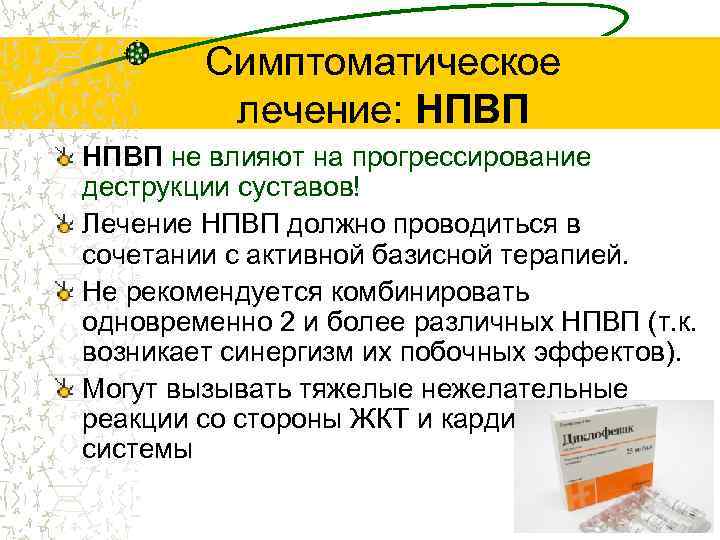 Симптоматическое лечение: НПВП не влияют на прогрессирование деструкции суставов! Лечение НПВП должно проводиться в